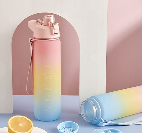 1L Motivational Water Bottle With Straw - Colours - Blue / Pink / Purple_0